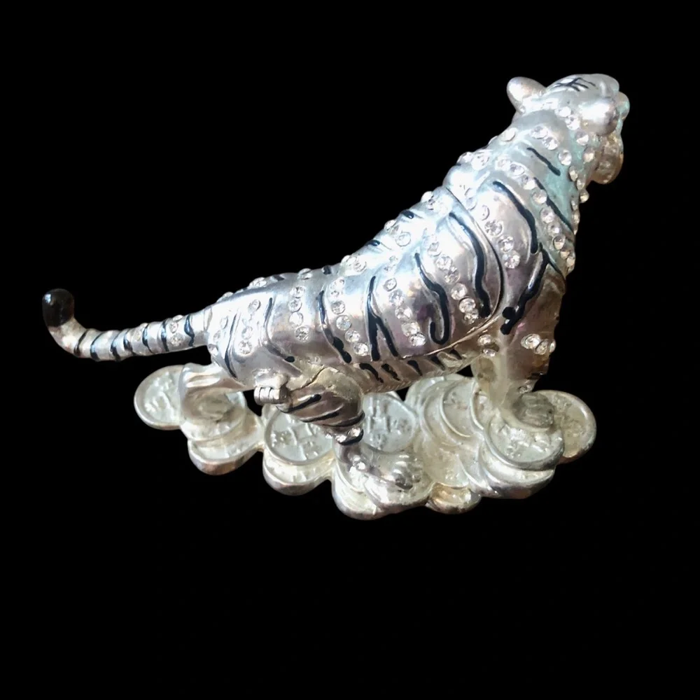 Ornate Silver Tone Tiger Trinket Box Enamel Rhinestone Hinged Magnetic Feng Shui